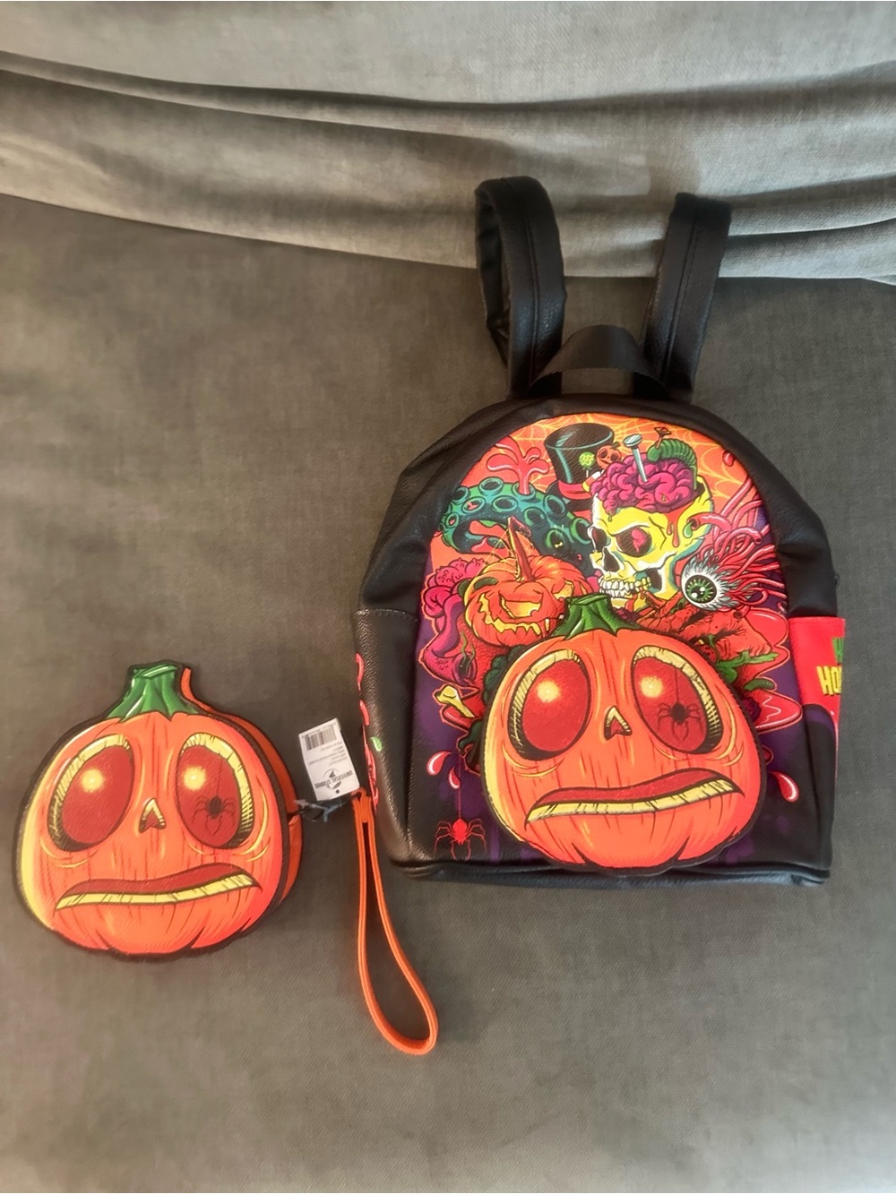 Spirit Pumpkin Face Mini Backpack and Coin Purse - Orange and Green